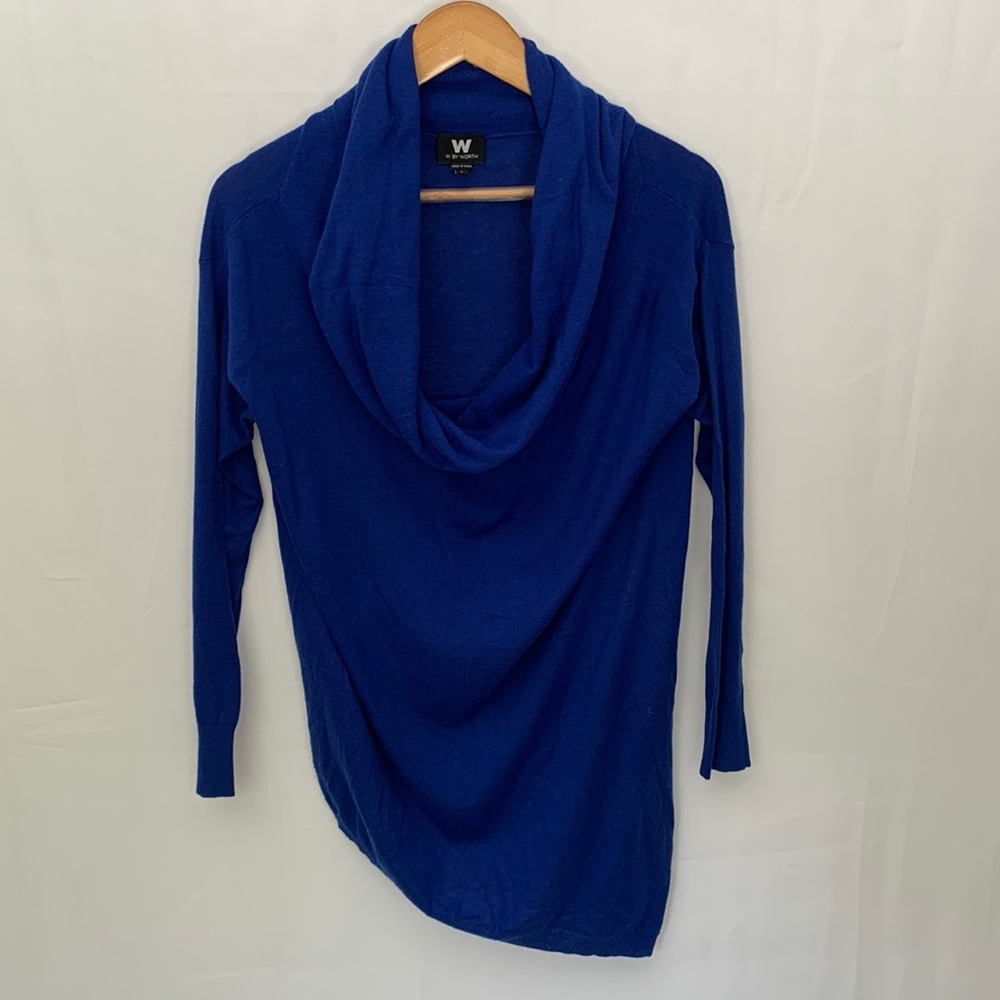 W by Worth Off Shoulder Blue Longline Asymmetrical Hem Sweater Size Small